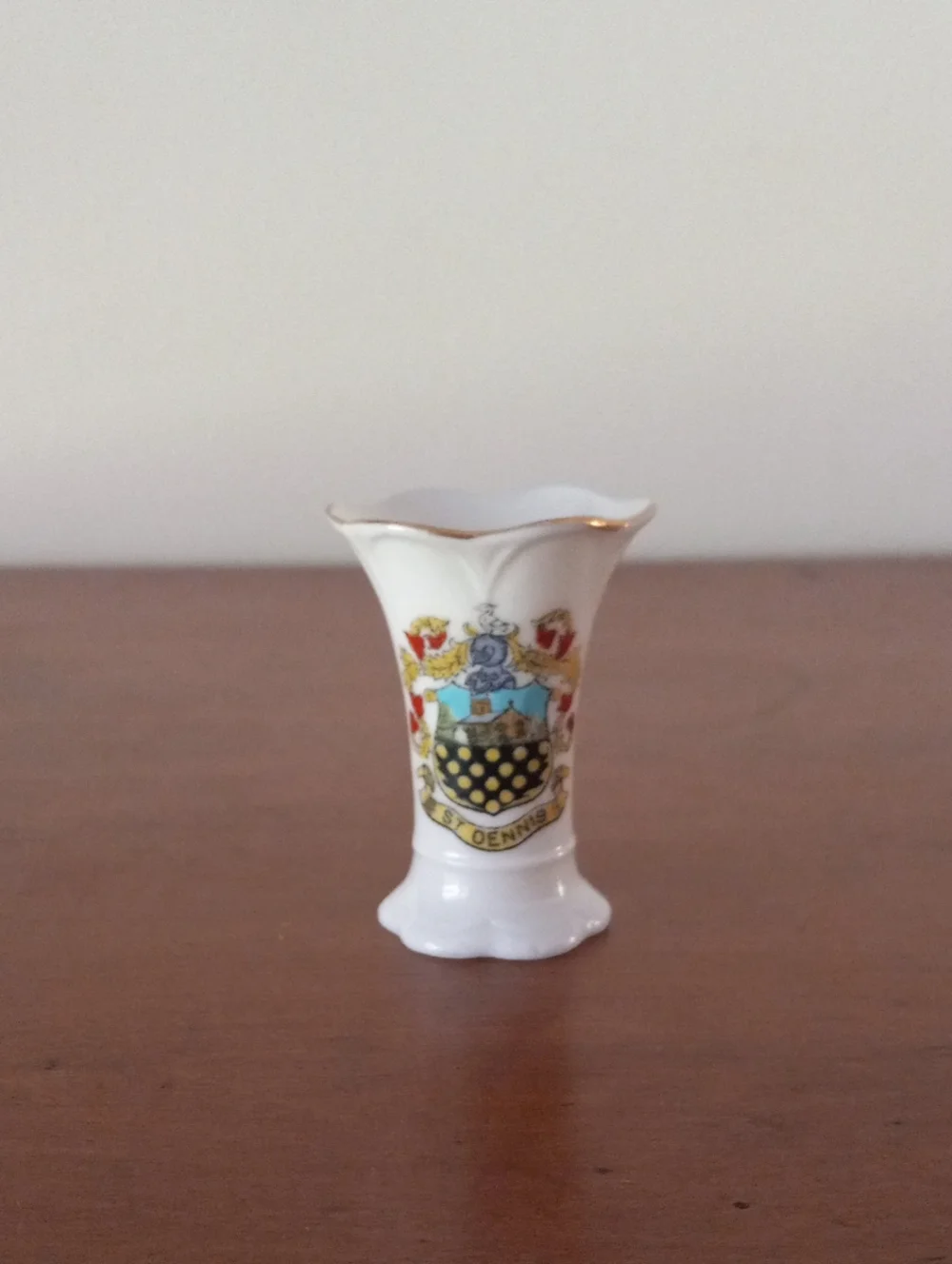 Antique Crested China Miniature Vase - St Dennis Coat of Arms Gold Trim